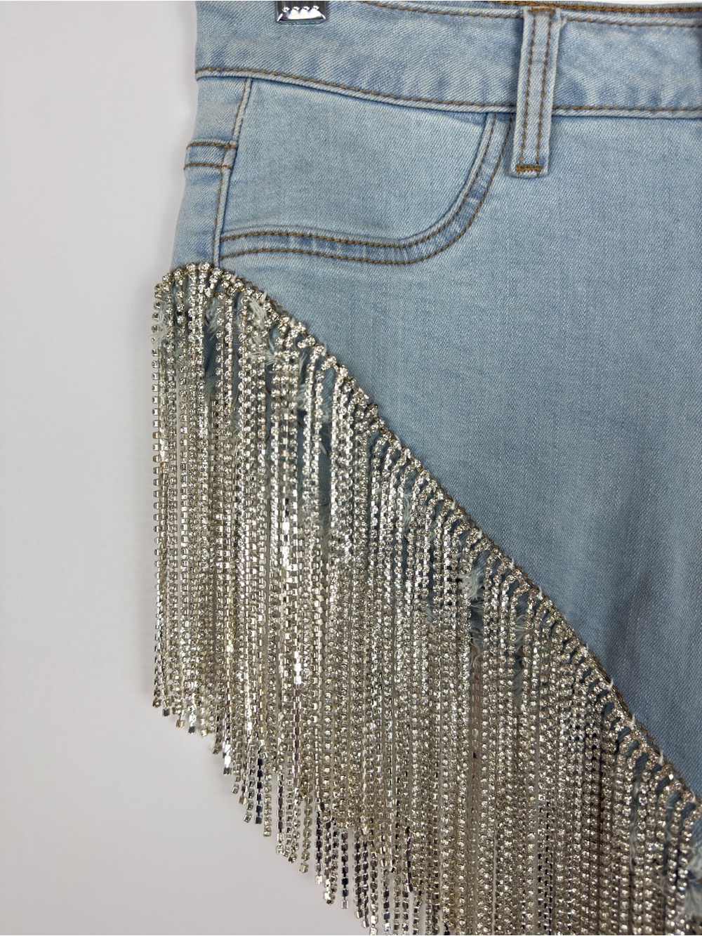 Azalea Wang Gonna Love Me Waterfall Rhinestone Denim Shorts Festival Boho Large - Picture 10 of 16